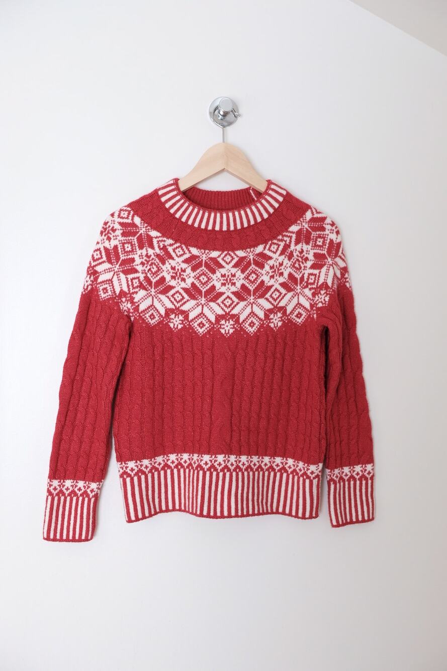 St. John's Bay Red White Fair Isle Cable Knit Sweater Christmas Fisherman Winter